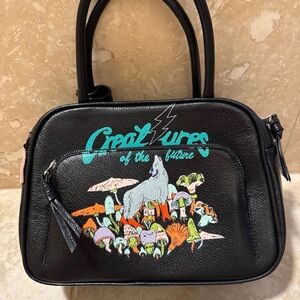 Min & Mon Black Crossbody Bag Creatures of the Future Wolf and mushrooms